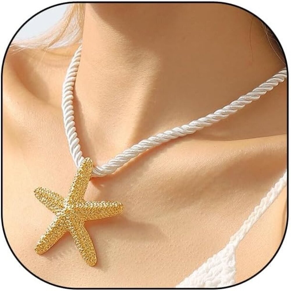 🆕 Women Gold Starfish Pendant Necklace Chunky Braided Rope Choker Big Jewelry